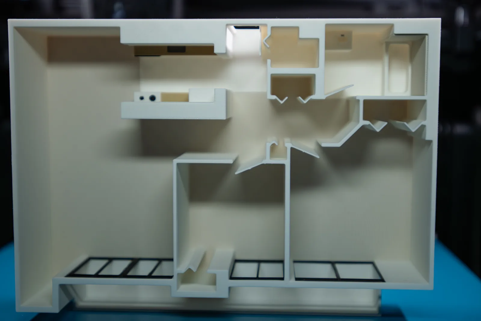 3D printed floor plan model of a two-bedroom flat, interior view